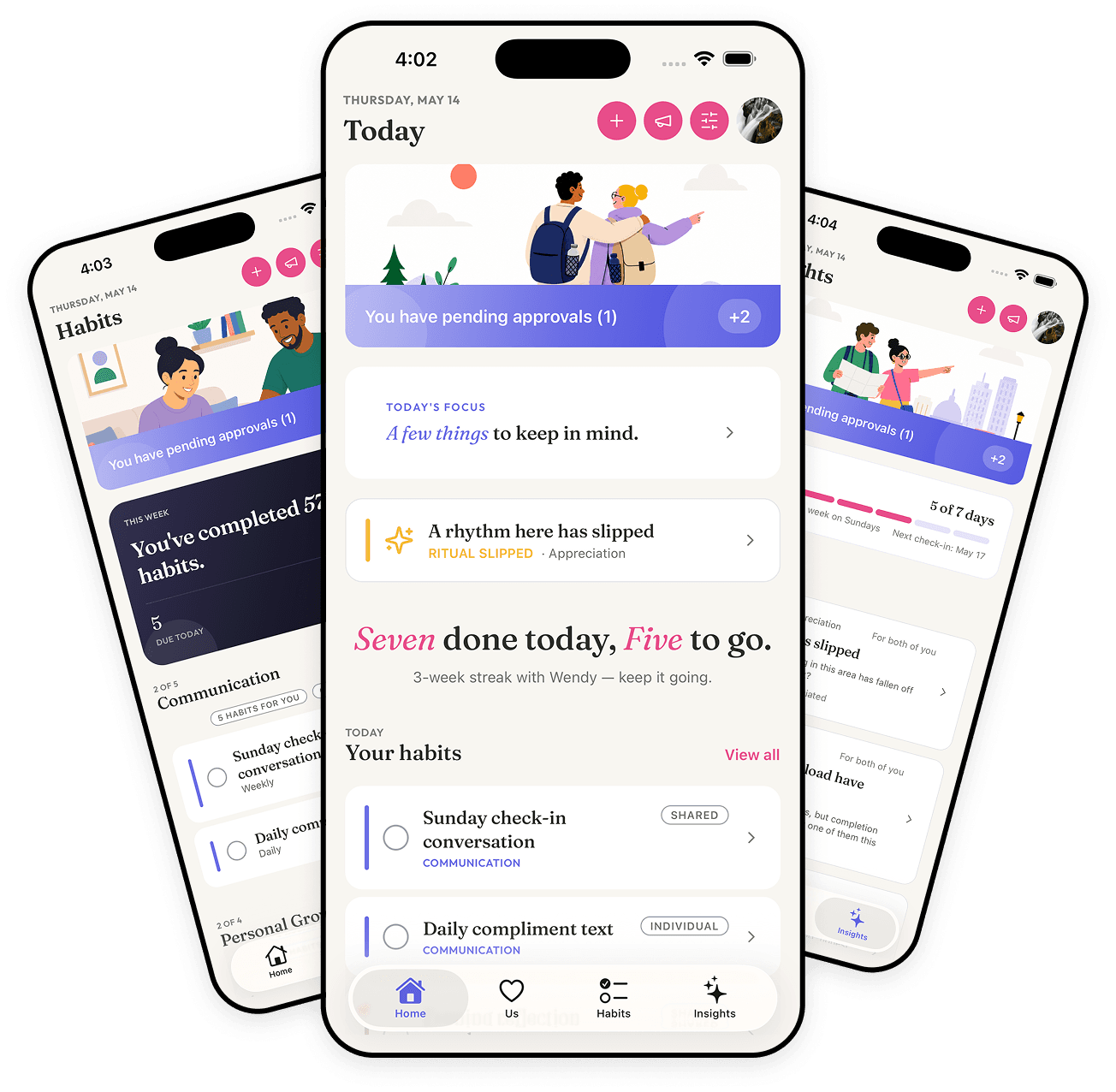 A Couple of Habits app on iPhone — Today, Habits, and Insights screens